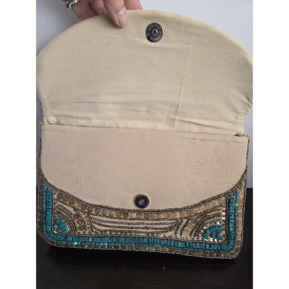Gold & Turquoise Beaded Clutch / Crossbody Bag Gold Chain Strap Boho Western - Picture 5 of 10